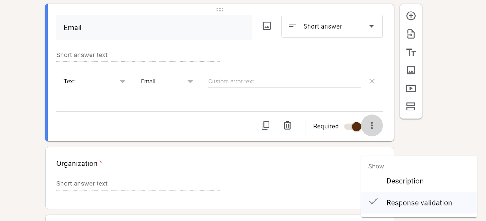 Screenshot of the “Email” answer field question on a Google Form with the bottom right-hand corner menu options open