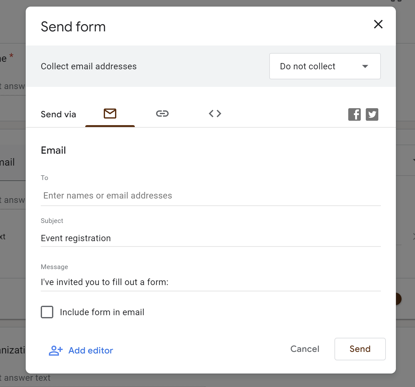 Screenshot of the “Send form” screen on Google Forms with the email form option currently open