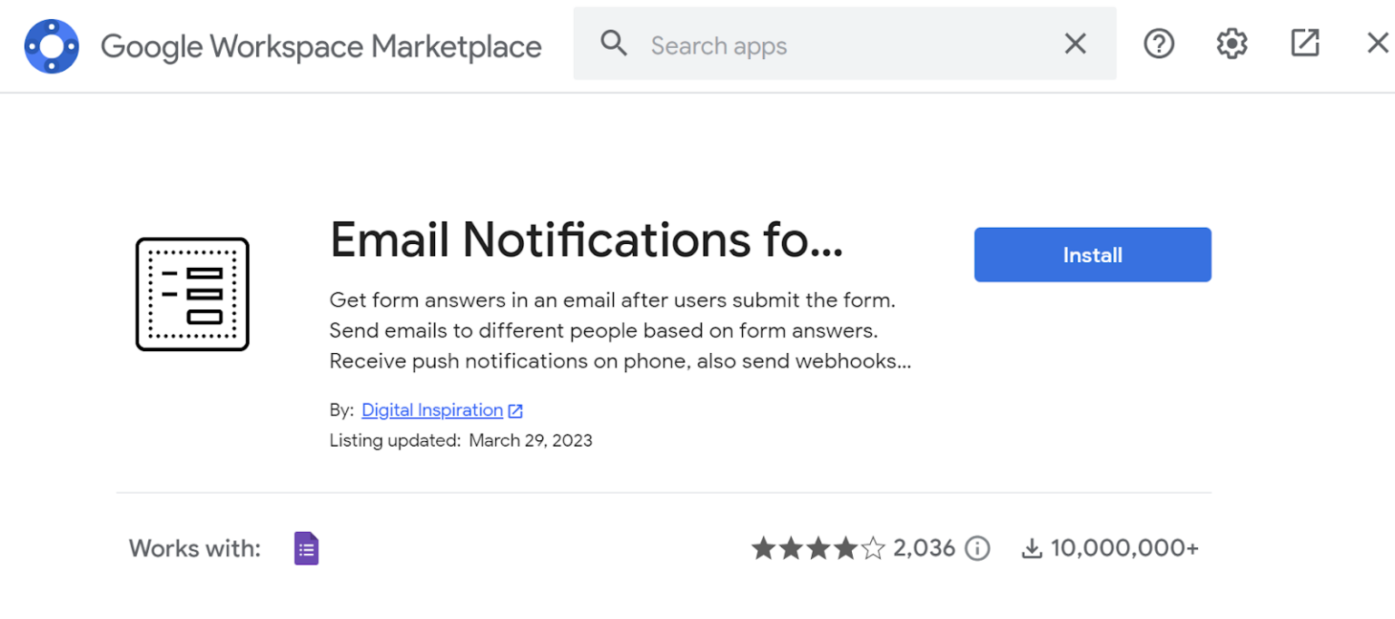 Screenshot der E-Mail-Benachrichtigung für das Formular-Plugin auf dem Google Workspace Marketplace