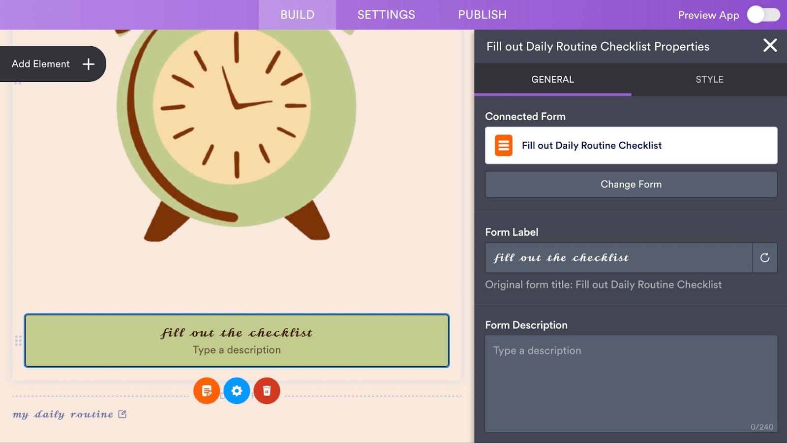 Screenshot of the opened properties menu for the form element