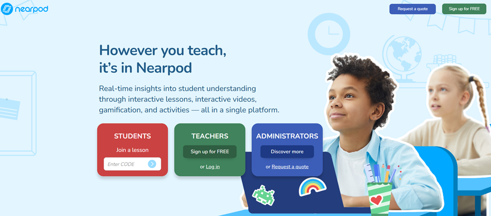 landing page of nearpod