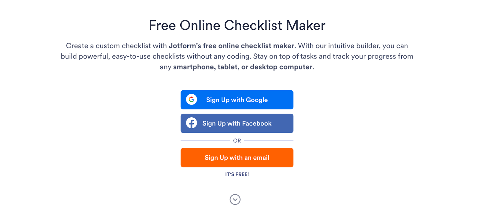 A screenshot of the Jotform checklist landing page, complete with instructions on how to make a digital checklist