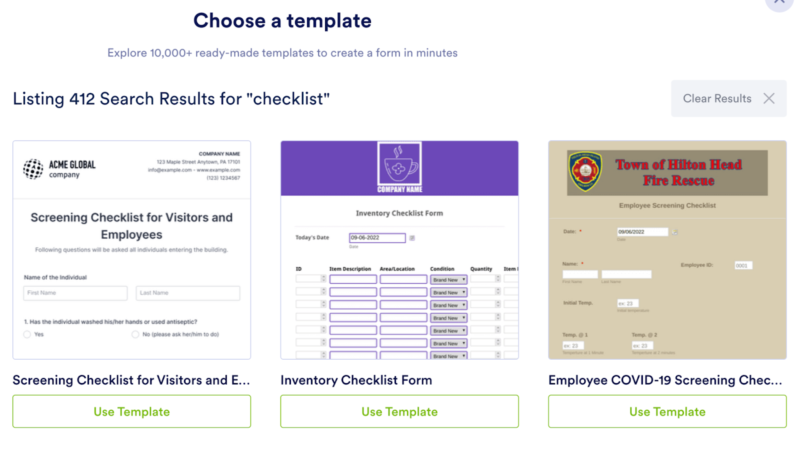 A screenshot of Jotform’s template selection for checklists, featuring over 400 options