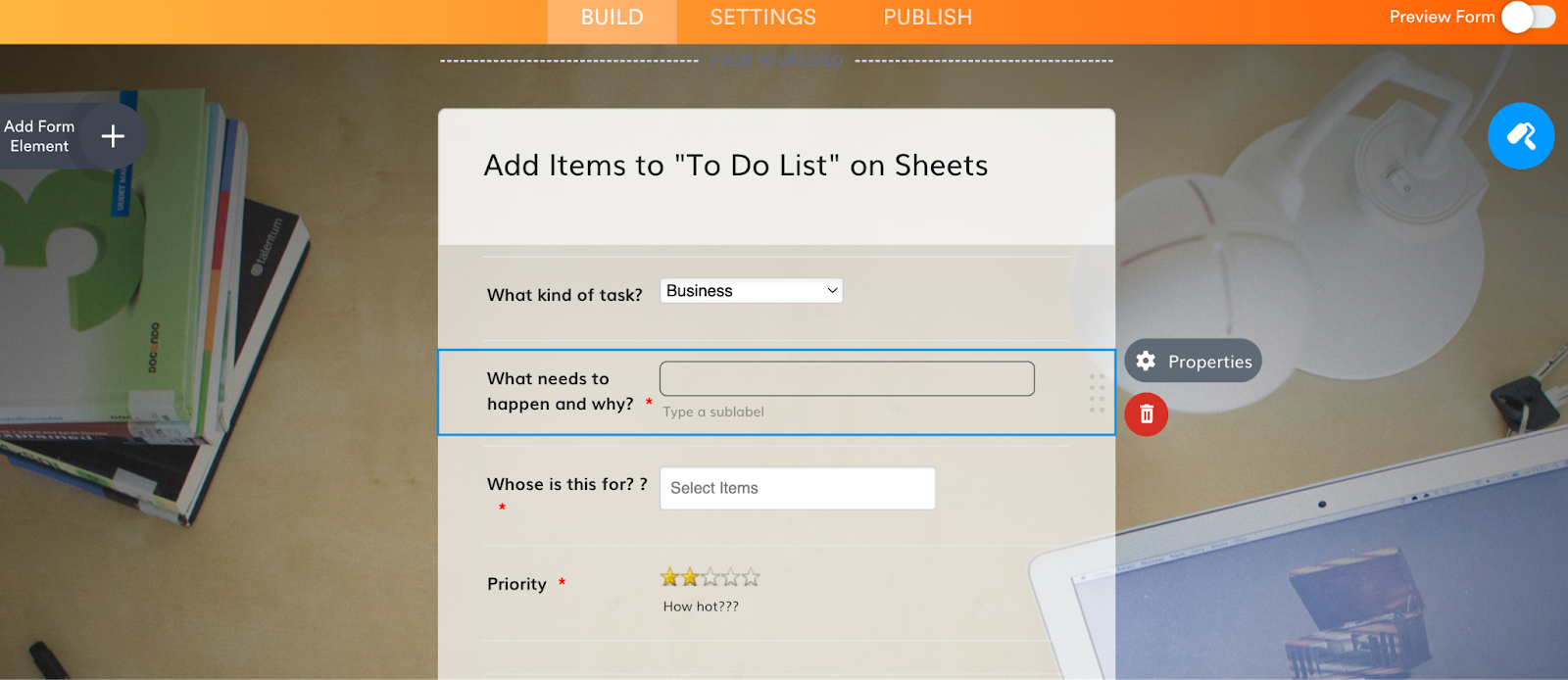 A screenshot of a checklist template, with the Properties submenu visible