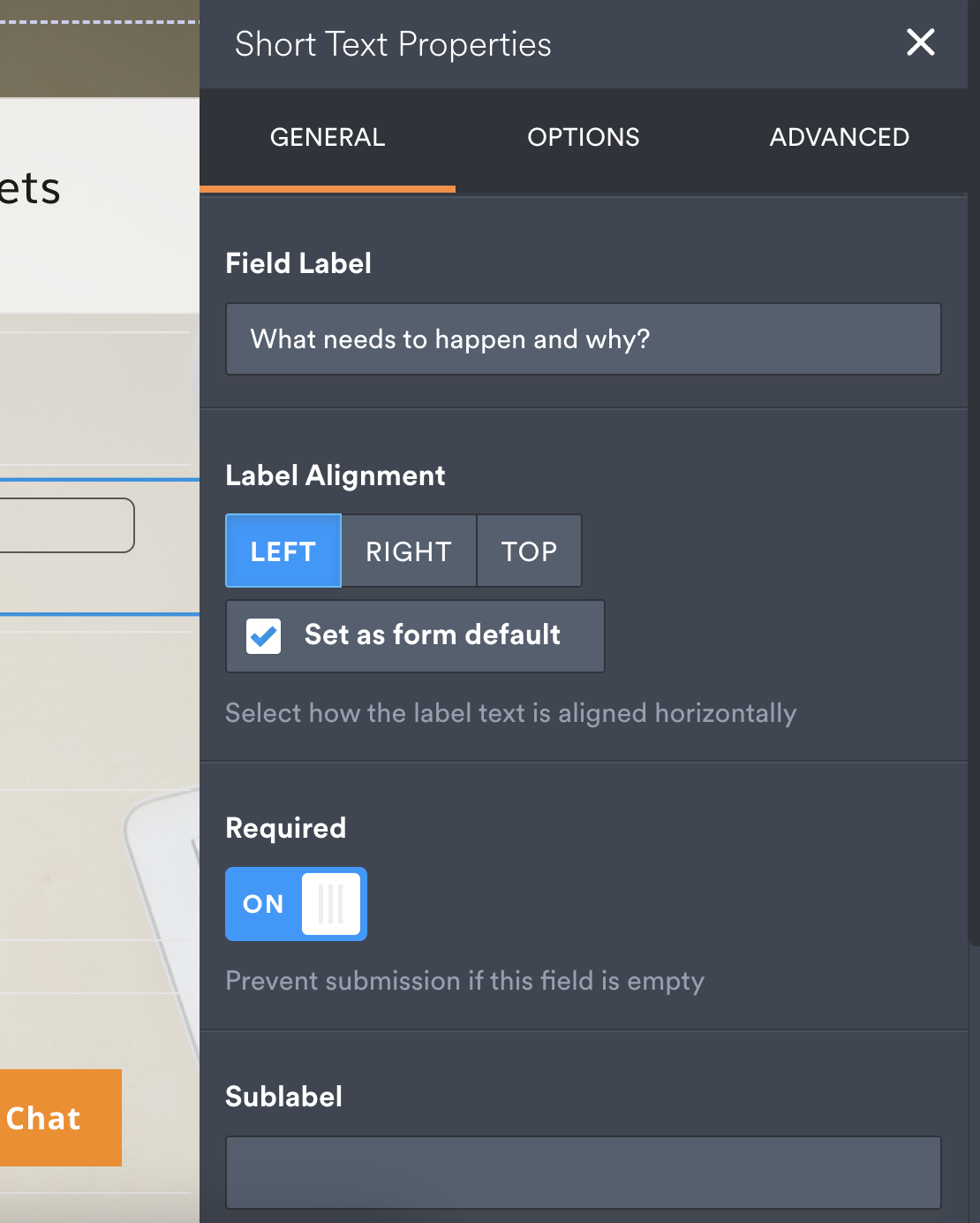 A screenshot of the expanded properties submenu for a form field