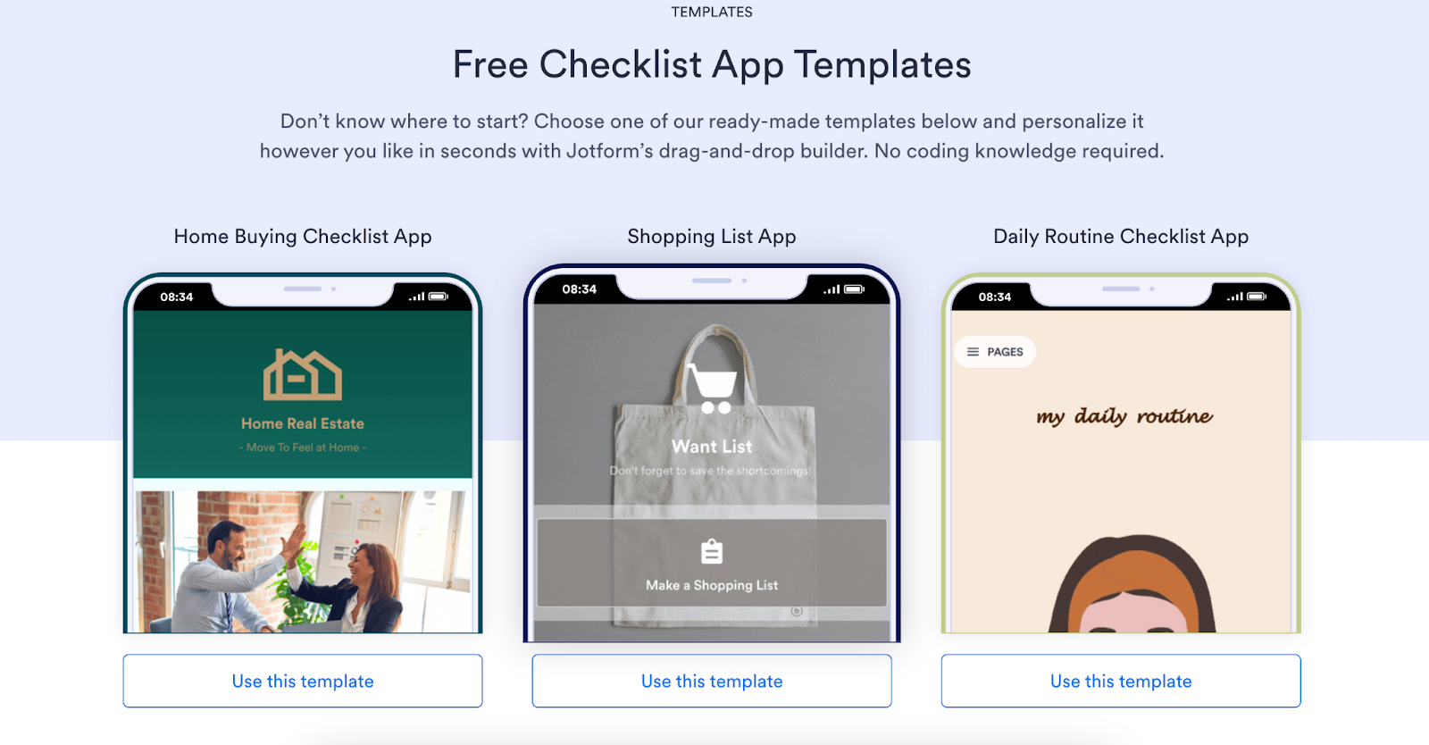 A screenshot of available checklist app templates