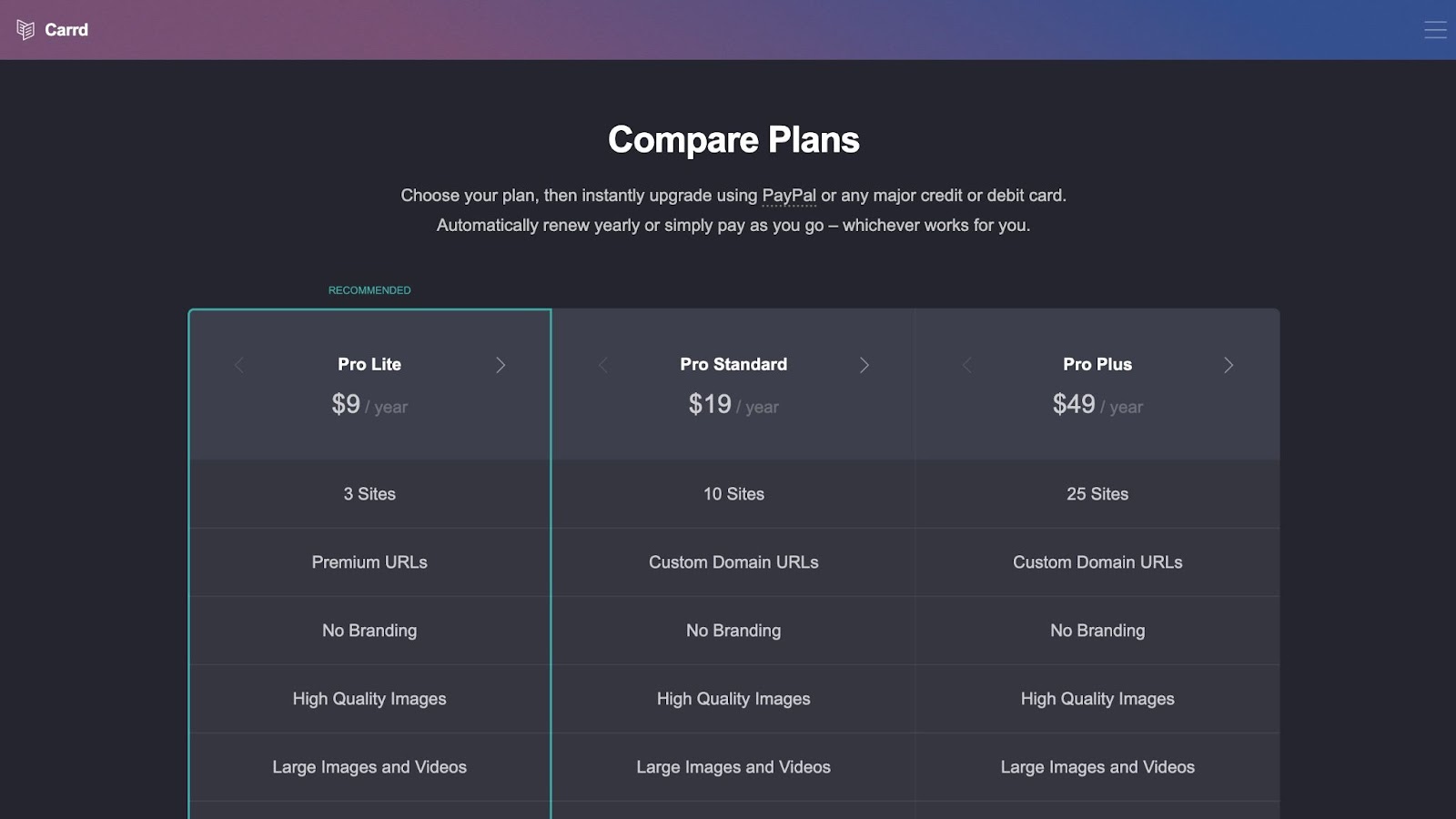 screenshot of Cardd pricing page