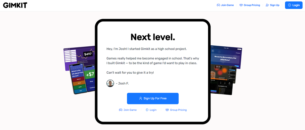 landing page of gimkit
