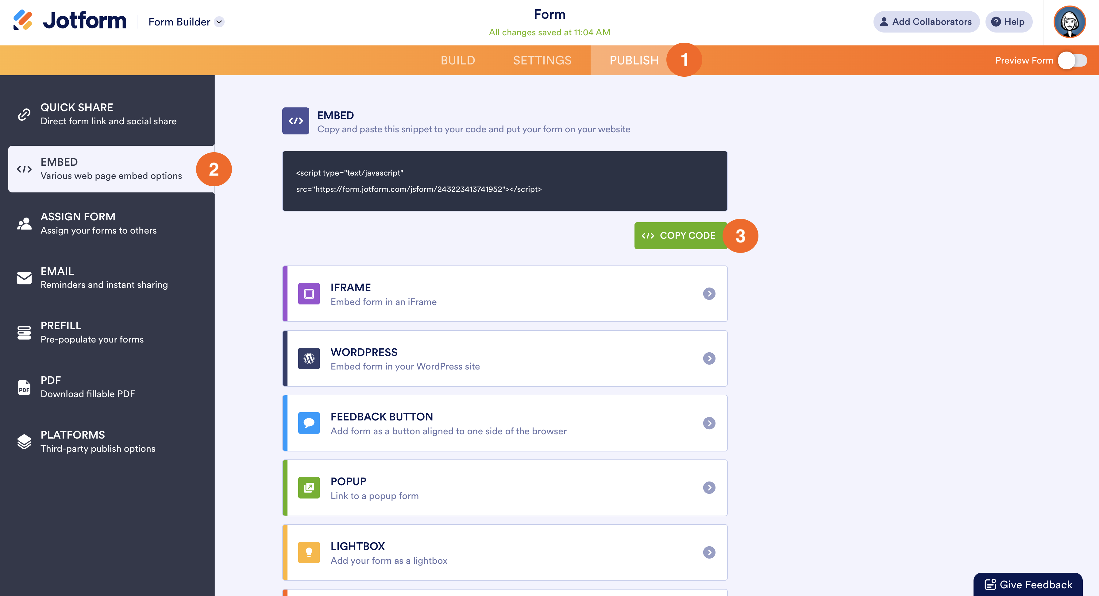 Clicking on the Copy Code Button on the Publish Tab of Jotform Form Builder