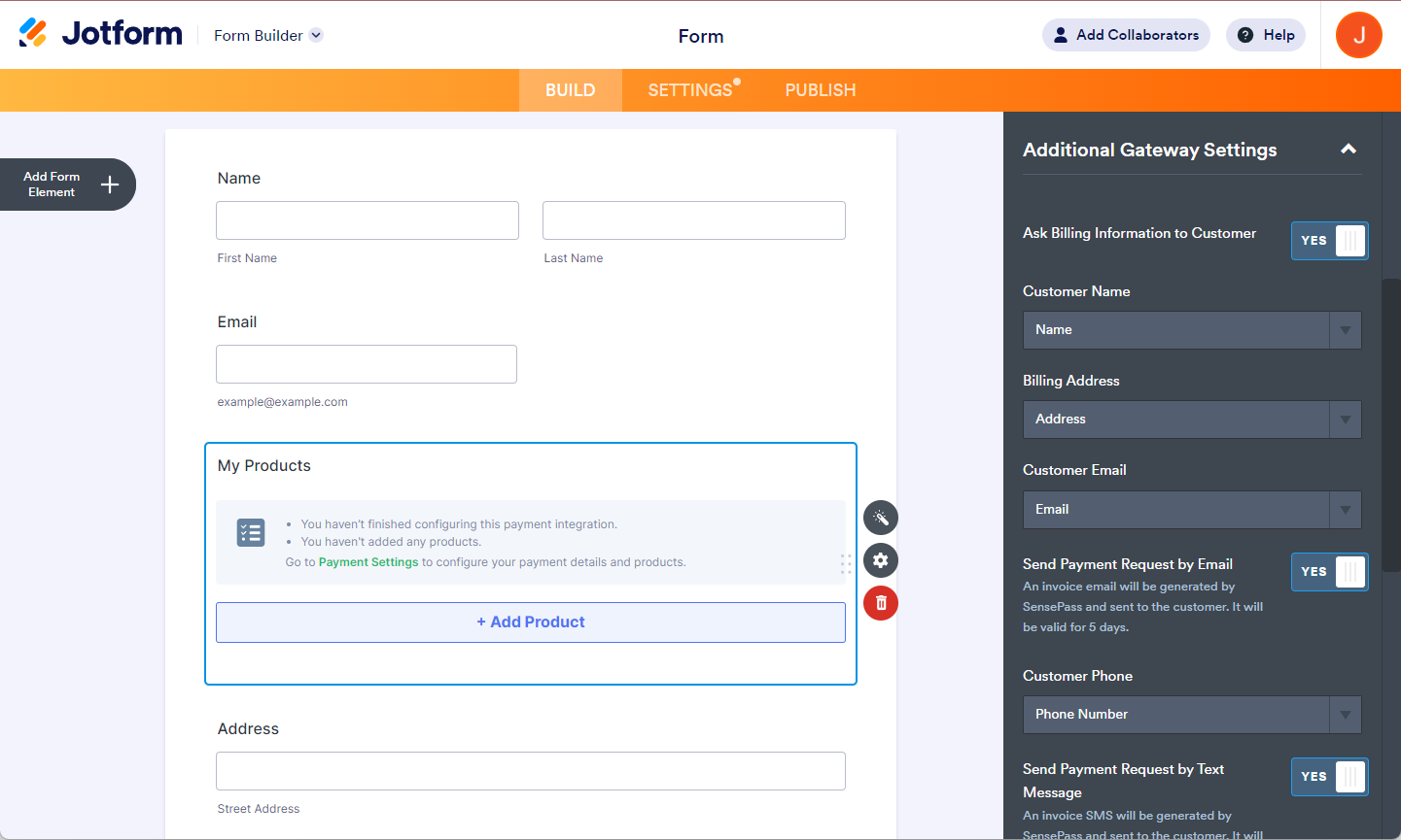 Additional Gateway Settings panel of the SensePass integration with Jotform