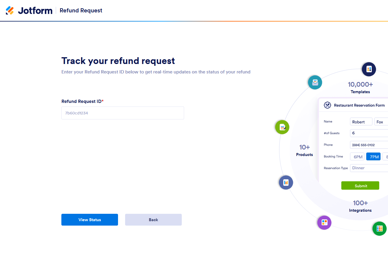 Refund tracker in the Refund Request page of Jotform