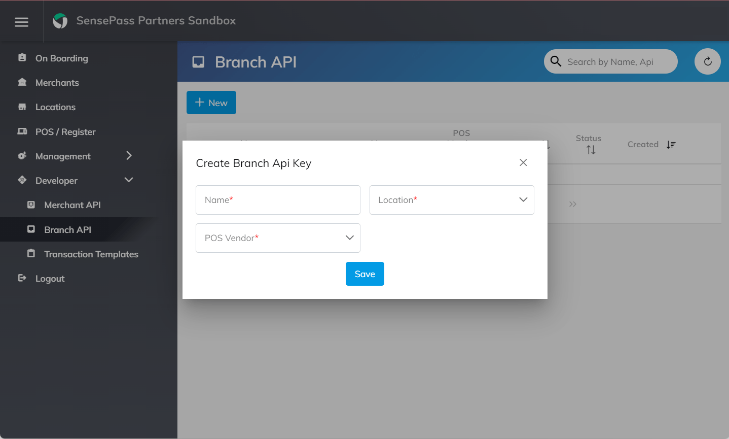 Create Branch API Key window in SensePass Partner's dashboard