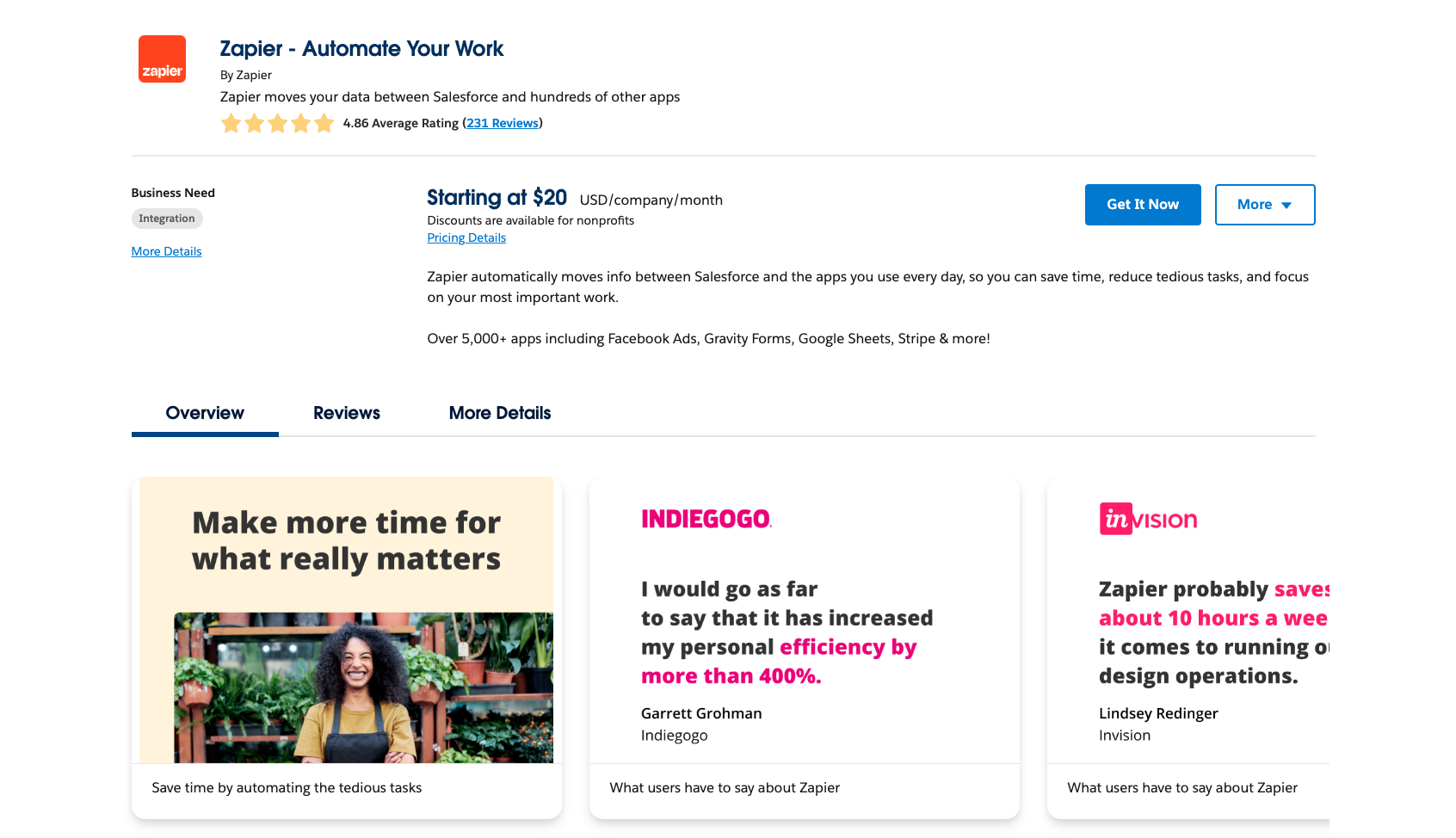 screenshot of zapier in salesforce appexchange page