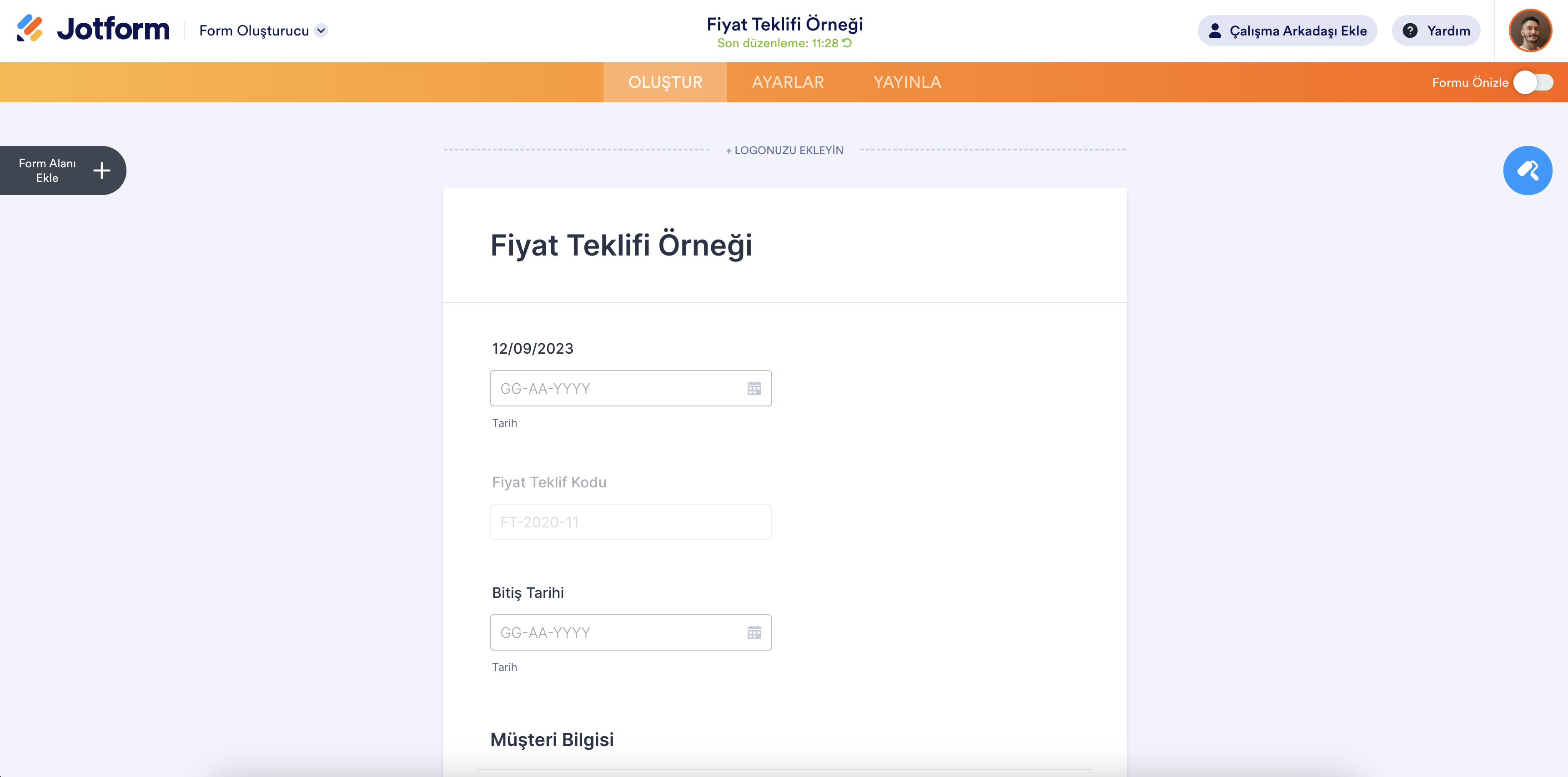 Jotform Form Oluşturucu'da Fiyat Teklifi Örneği Formunun Görüntüsü