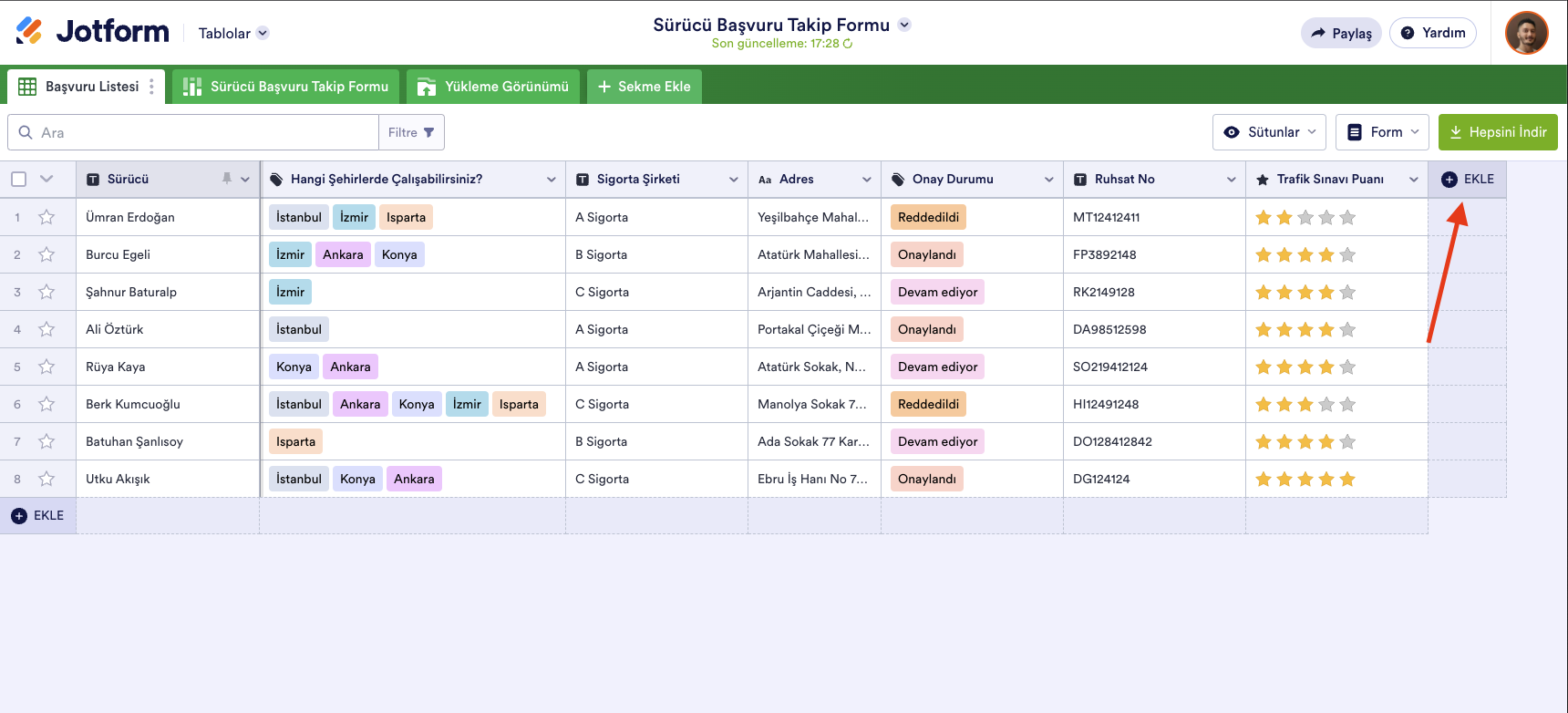 Jotform Tablolar'da Ekle Butonu'na Tıklayan Ok