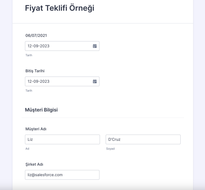 Jotform Form Oluşturucu'da Fiyat Teklifi Örneği Formu