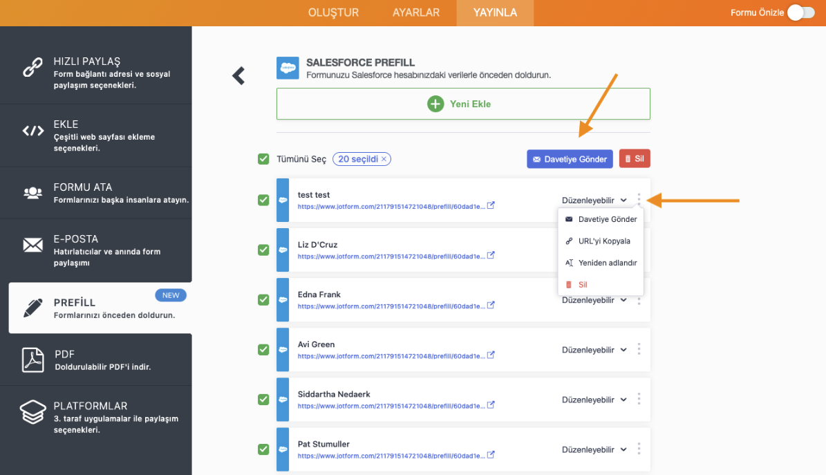 Jotform Form Oluşturucu'da Salesforce Prefill Sayfasında Davetiye Gönder Seçeneğine Tıklayan Ok