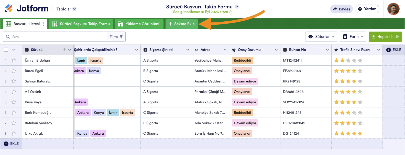 Jotform Tablolar'da Sürücü Başvuru Takip Formu Sekme Ekle Butonu