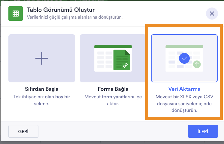 Tablo Görünümü Oluştur Penceresi Veri Aktarma Seçeneği