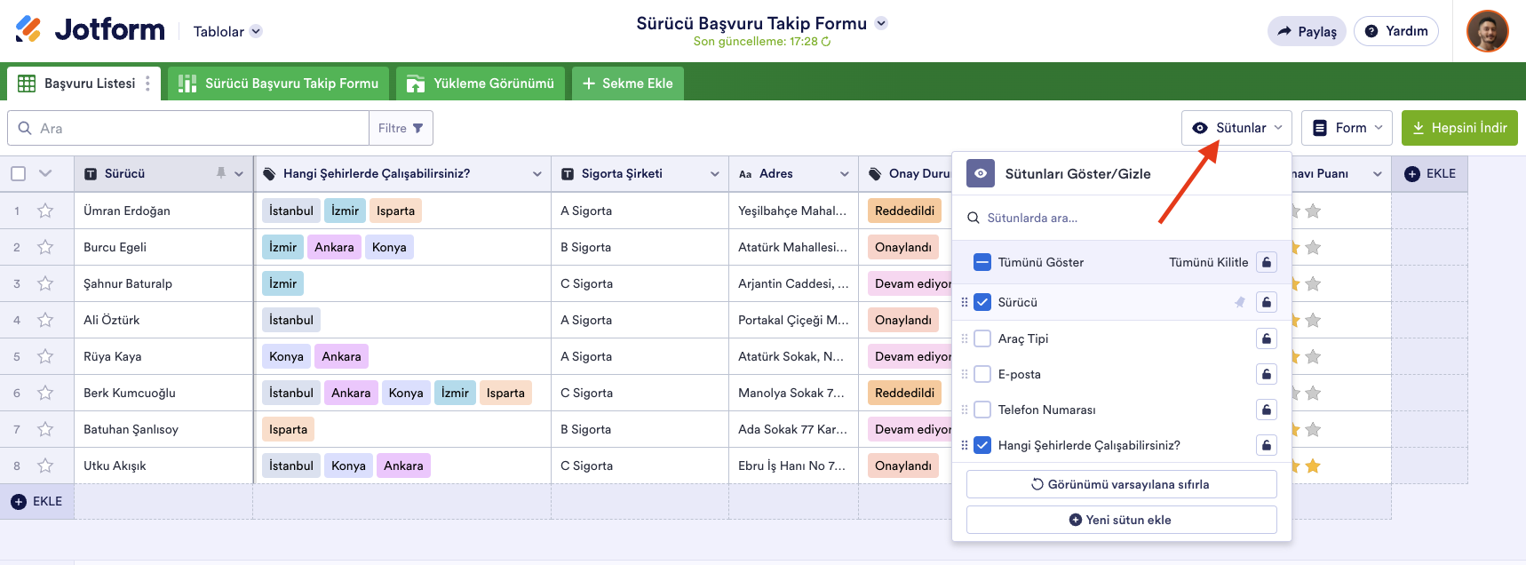 Jotform Tablolar'da Sütunlar Menüsü