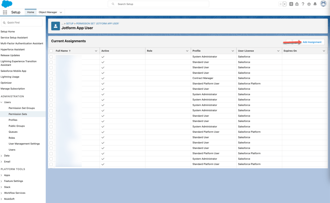 Permission Sets Setup Page on Salesforce AppExchange Clicking on Add Assignment for Jotform App User