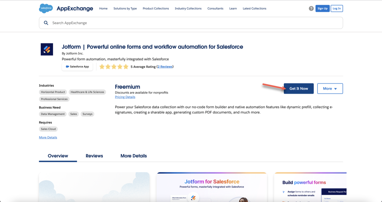 View of Jotform's Salesforce AppExchange Page Clicking on "Get It Now"