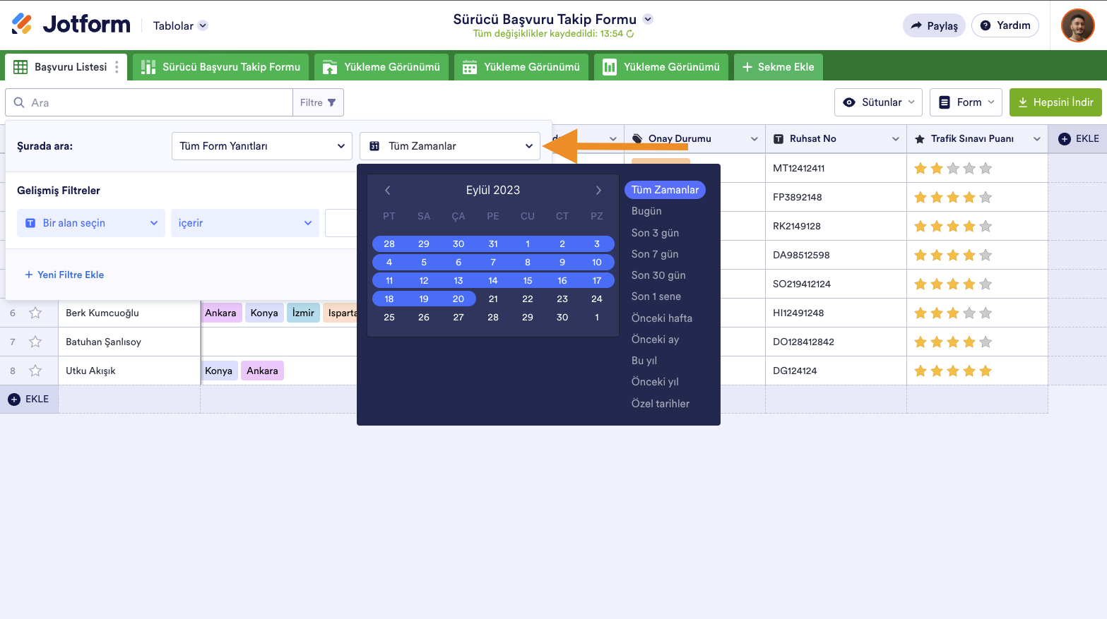 Jotform Tablolar Tarihi Filtreleme Seçeneği