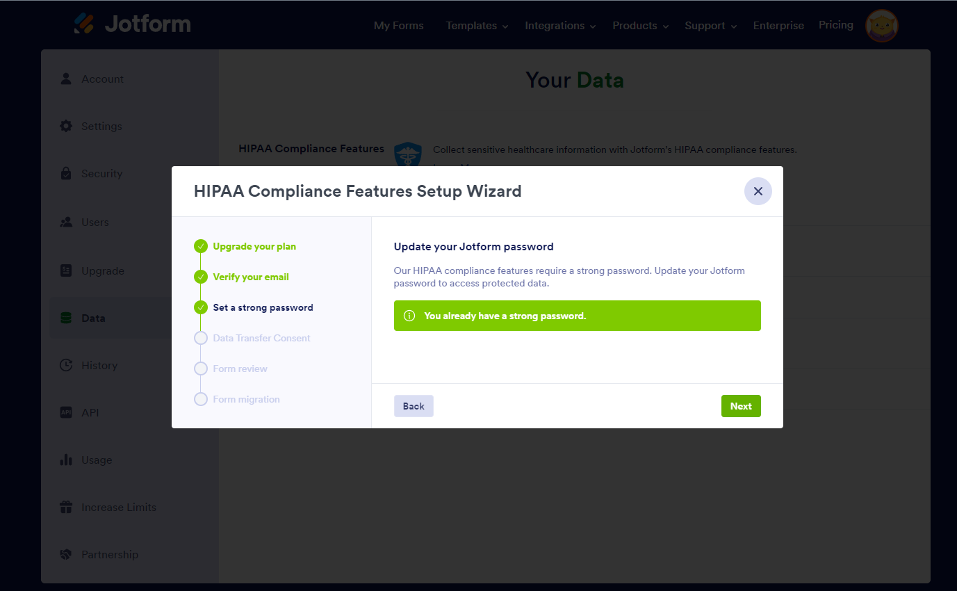 Set strong password when enabling HIPAA compliance features