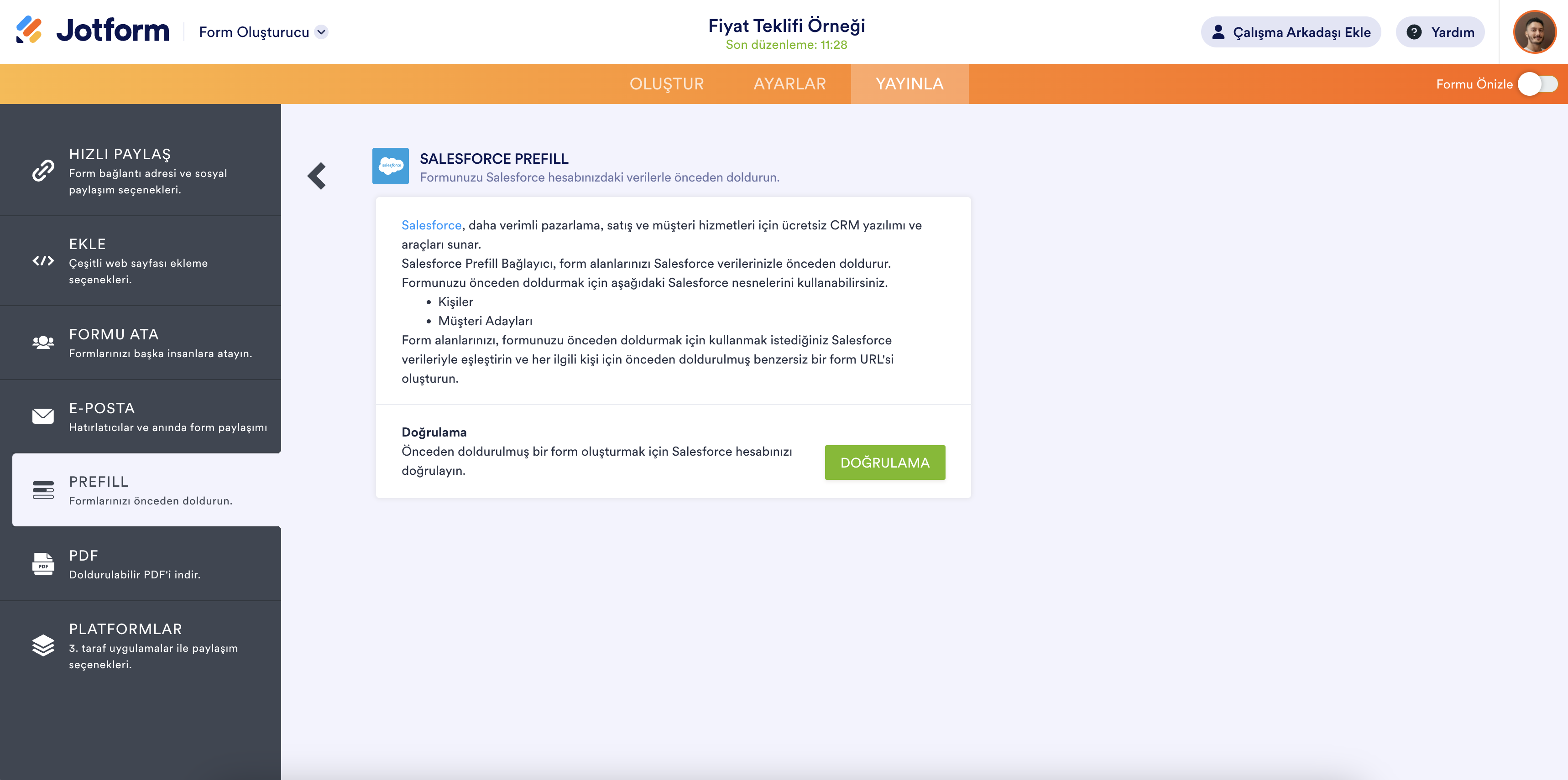 Jotform Form Oluşturucu'da Prefill Bölümündeki Salesforce Prefill Sayfası
