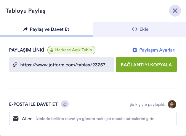 Tabloyu Paylaş Penceresi