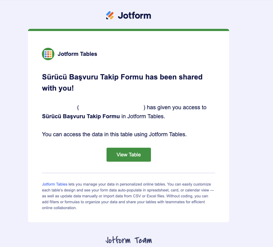 Jotform Tablolar E-Posta Daveti İle Paylaşma