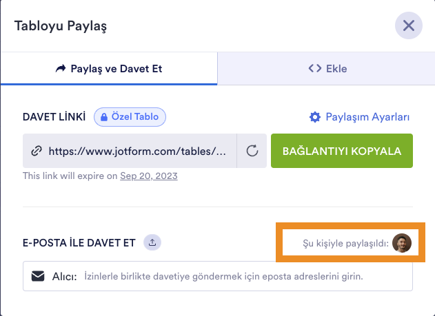 Tabloyu Paylaş Penceresi "Şu Kişiyle Paylaşıldı" Mesajı