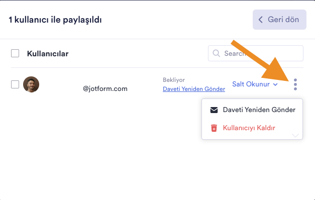 Tabloyu Paylaş Penceresi Menüye Tıklayan Ok