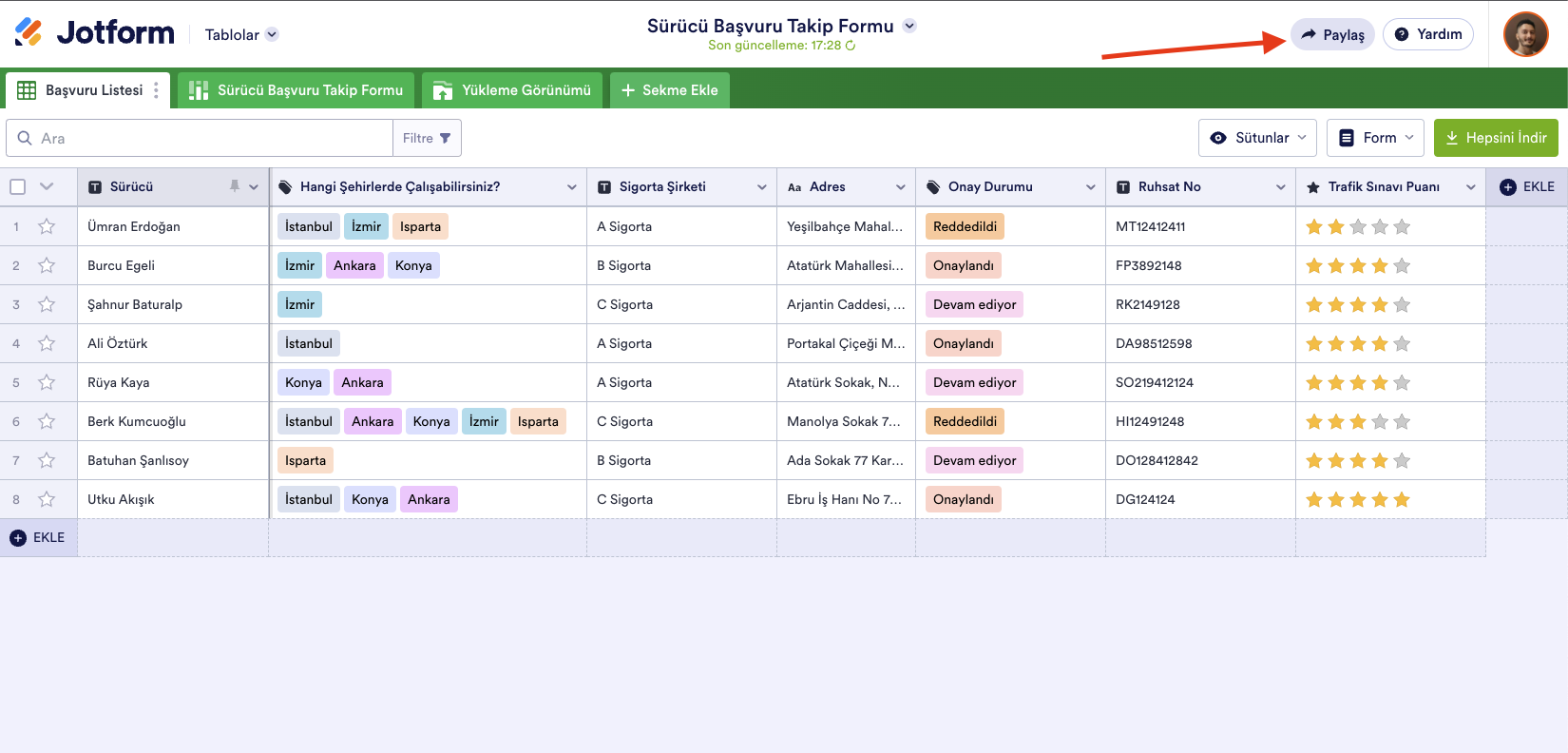 Jotform Tablolar'da Paylaş Butonu