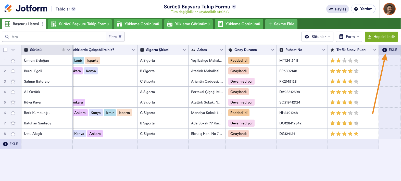 Jotform Tablolar Ekle Sekmesine Tıklayan Ok