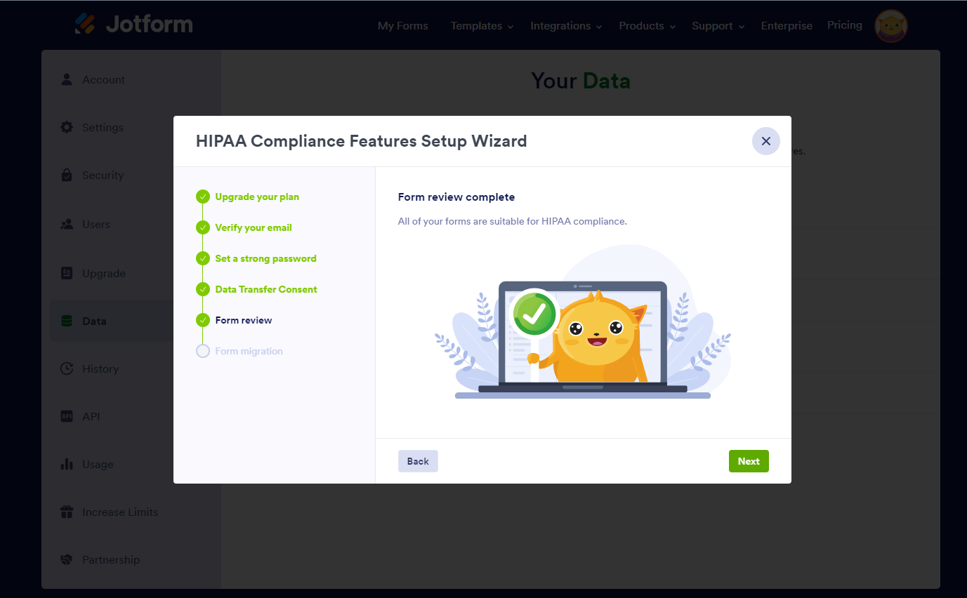 Form review screen when enabling HIPAA compliance features