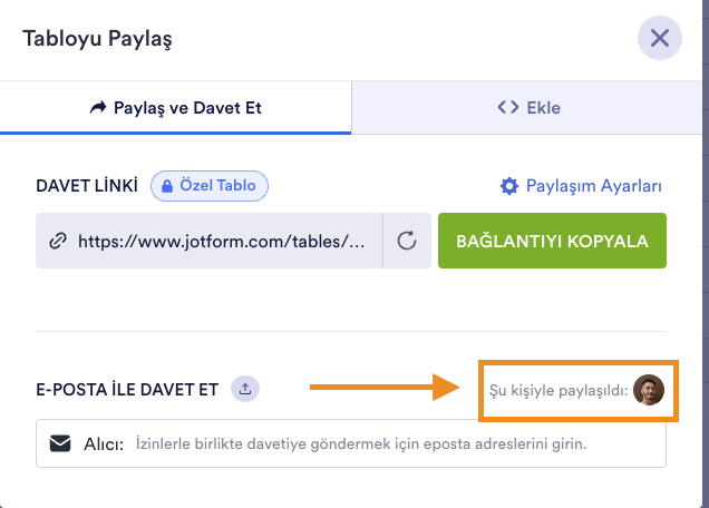 Tabloyu Paylaş Penceresi