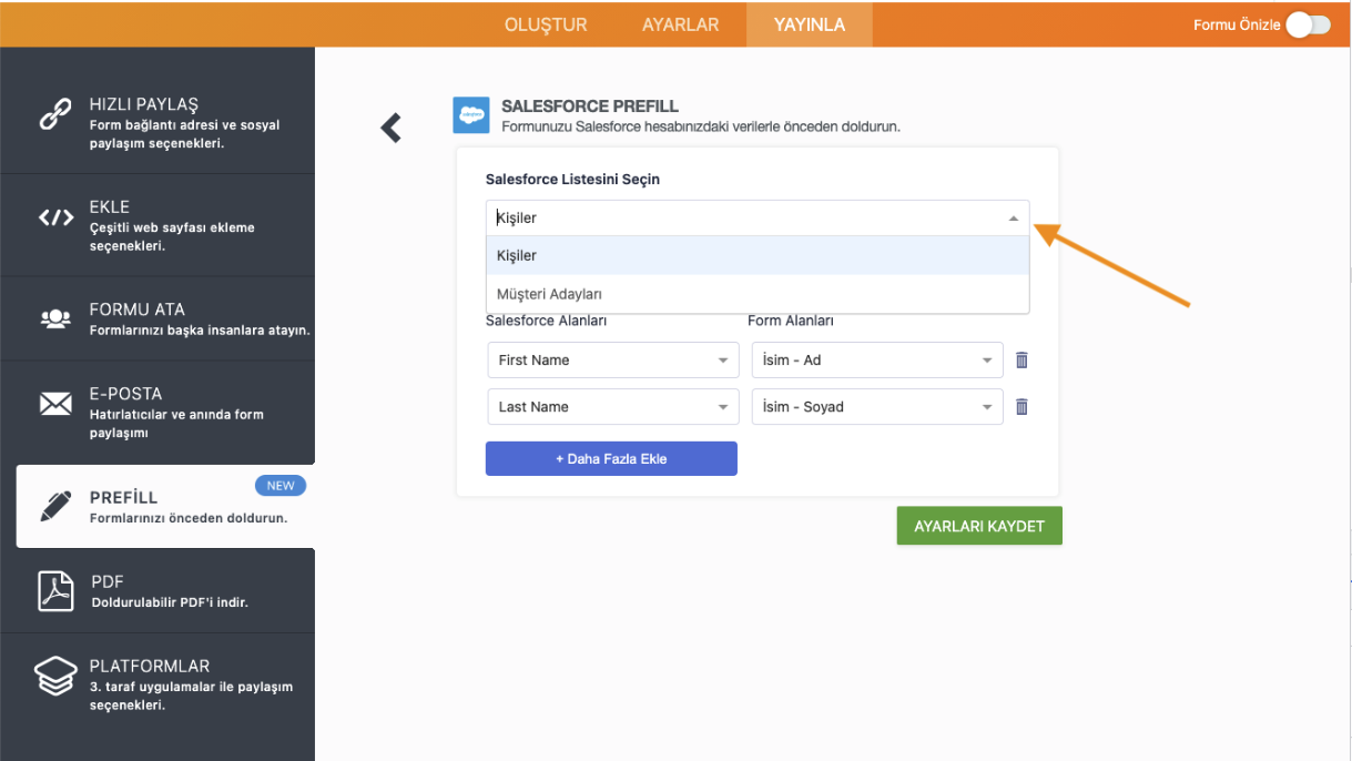 Jotform Form Oluşturucu'da Salesforce Prefill Sayfasındaki Açılır Menü Seçenekleri