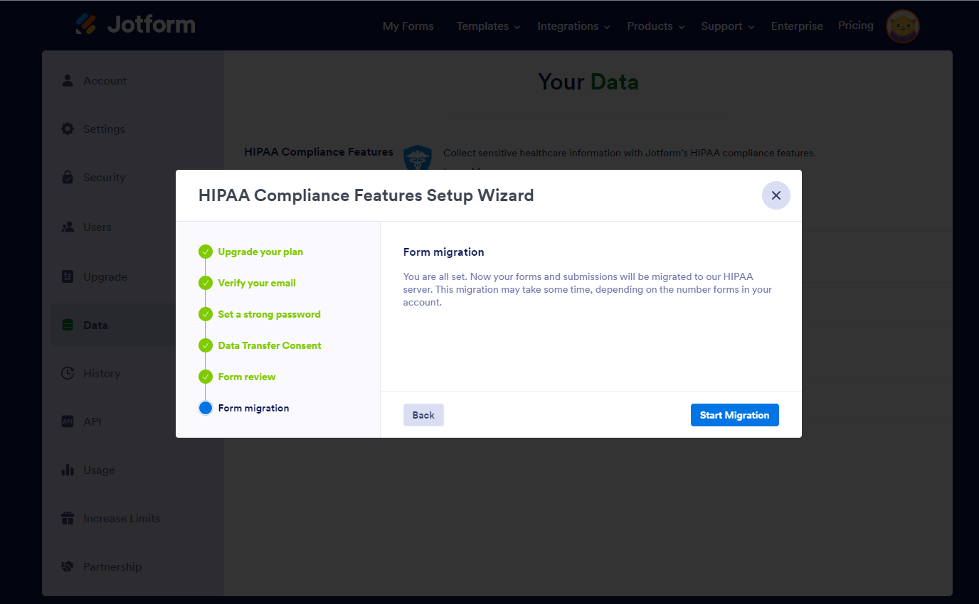 Form migration screen when enabling HIPAA compliance features