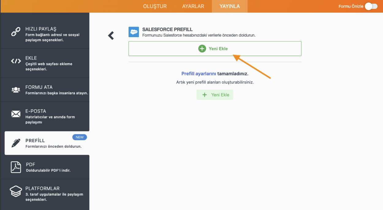 Jotform Form Oluşturucu'da Salesforce Prefill Sayfasındaki Prefilled URL Oluştur Seçeneğinin Altındaki Yeni Ekle Butonu