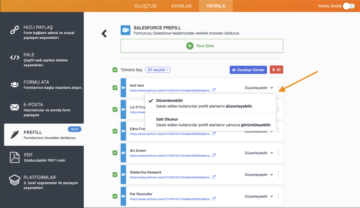 Jotform Form Oluşturucu'da Salesforce Prefill Sayfasında Kullanıcı İzinlerini Değiştirme