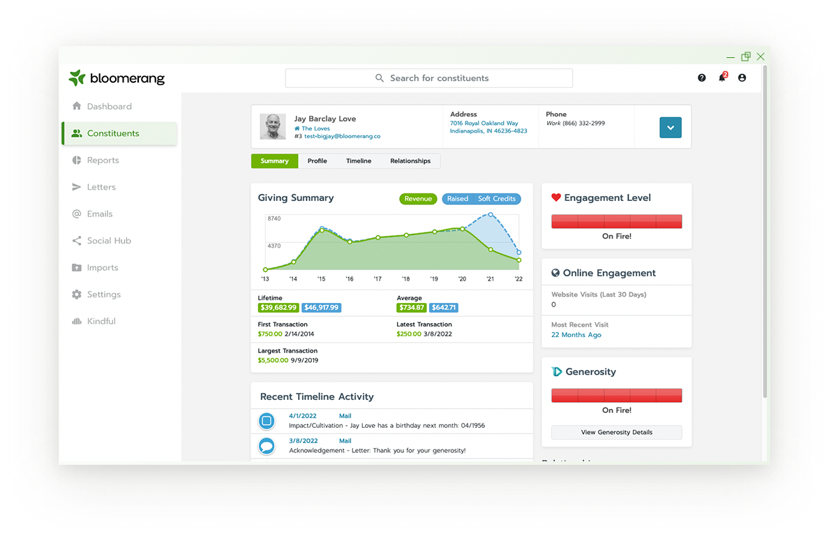 user interface of bloomerang
