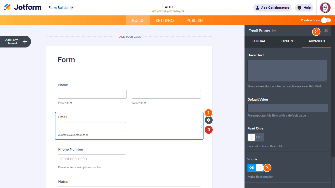 Steps to shrink an element in Jotform Form Builder