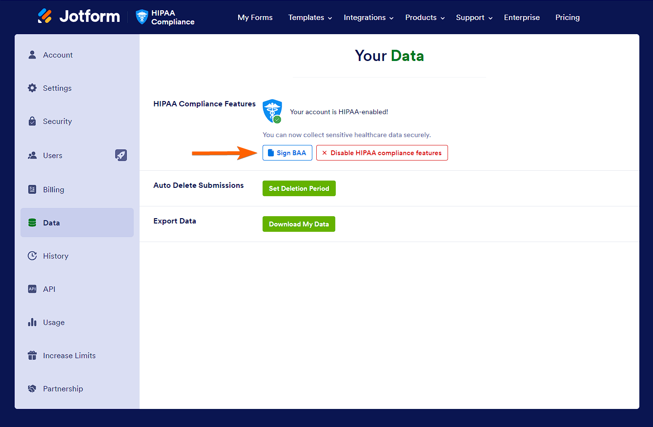 Sign BAA button through the Data page  after completing the HIPAA compliance wizard