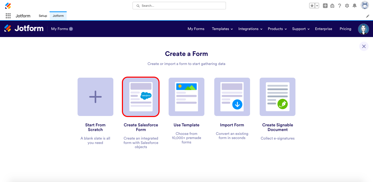mage of 'My Forms' homepage with 'Create Form' button, highlighting the new 'Create Salesforce Form' option for automatic integration with Salesforce objects