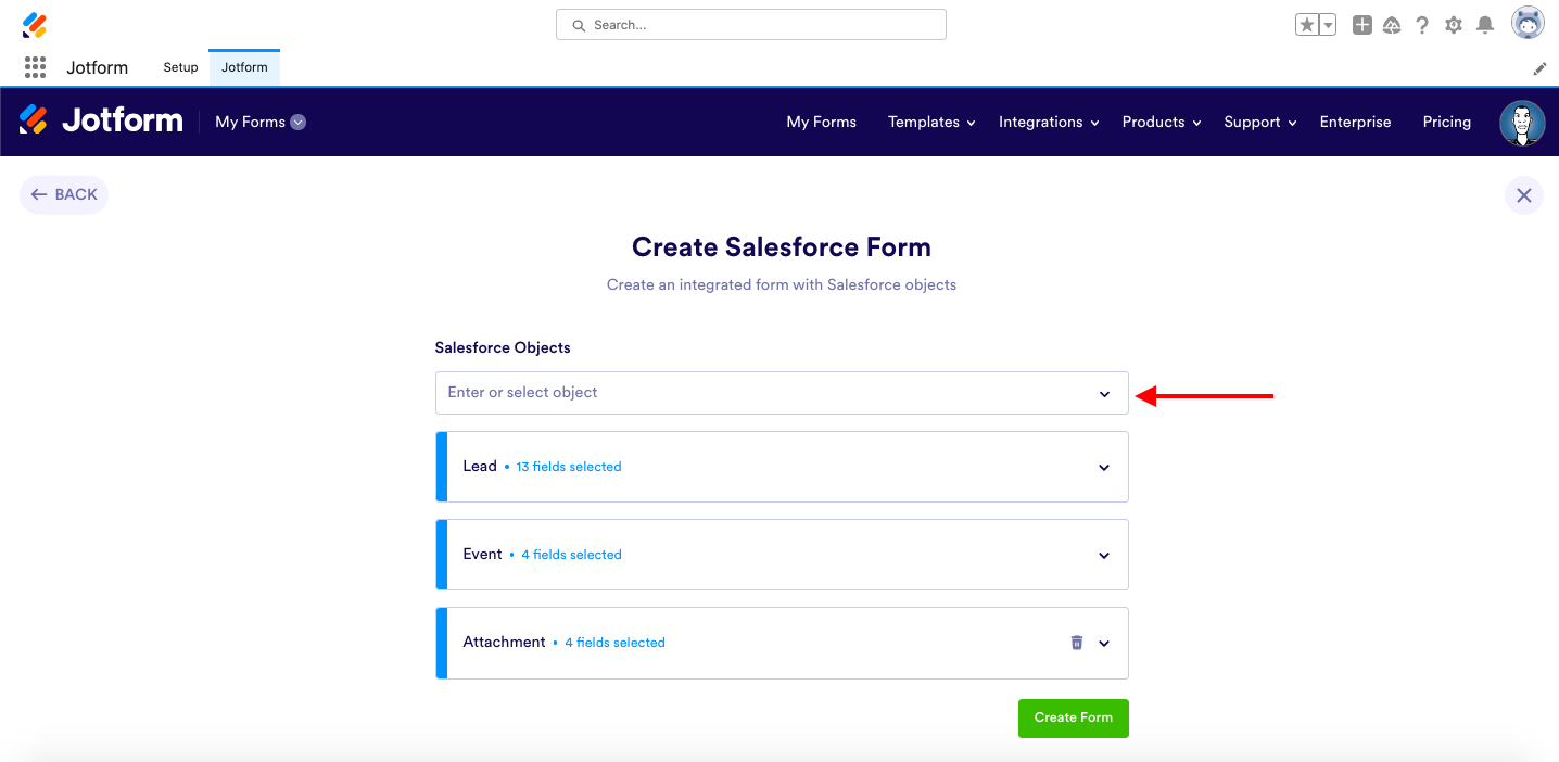 Screenshot of a Salesforce example form with three selected objects