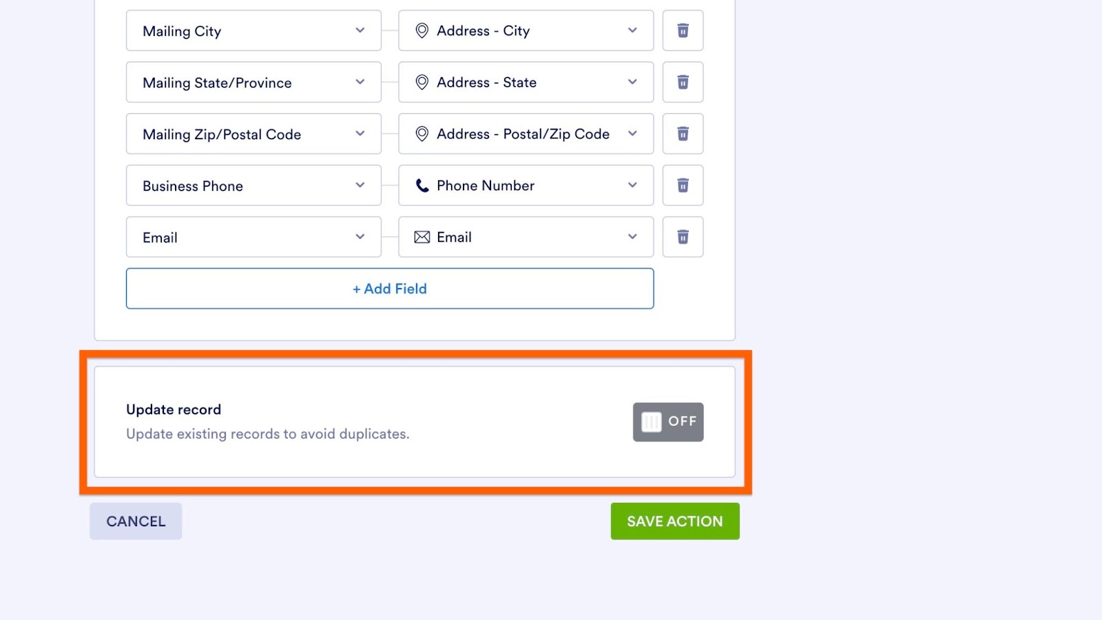 Screenshot highlighting options to check for duplicates, with a recommendation for 'Update record' and usage of Salesforce fields for duplicate checks