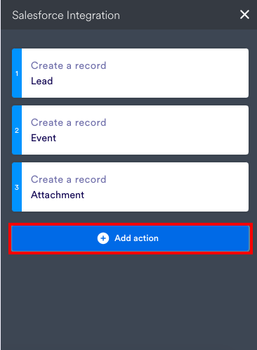 mage showing 'Add action' button for options to create, update, or find a database record