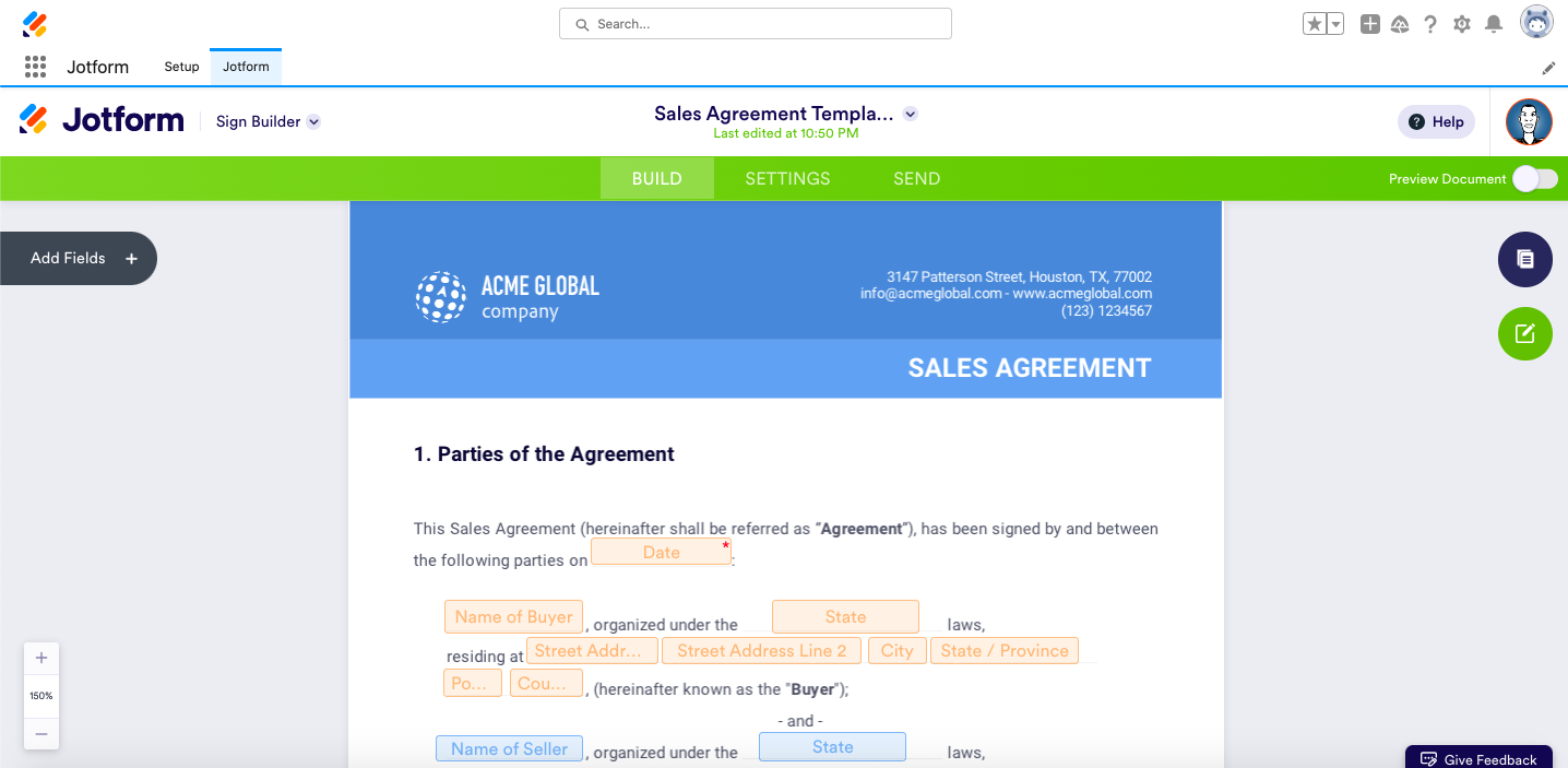Screenshot showing how to create a Jotform Sign agreement in Salesforce