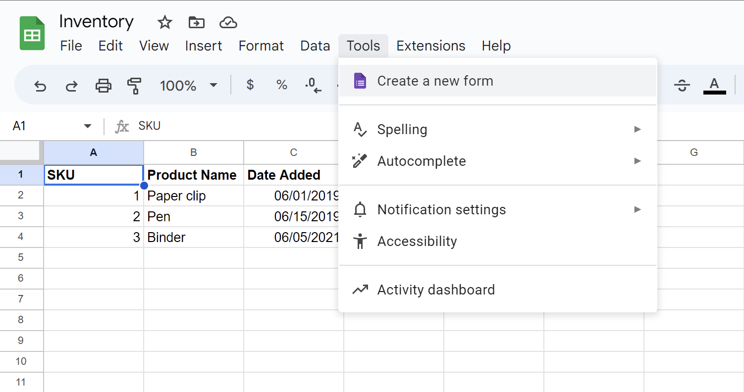 Screenshot of how to create a new form tab under tools in Google Sheets